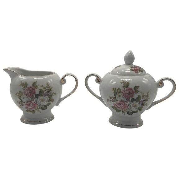 VTG Old Foley HARMONY ROSE Cream & Sugar Set Floral Design Gold Trim Bone China - Picture 1 of 12